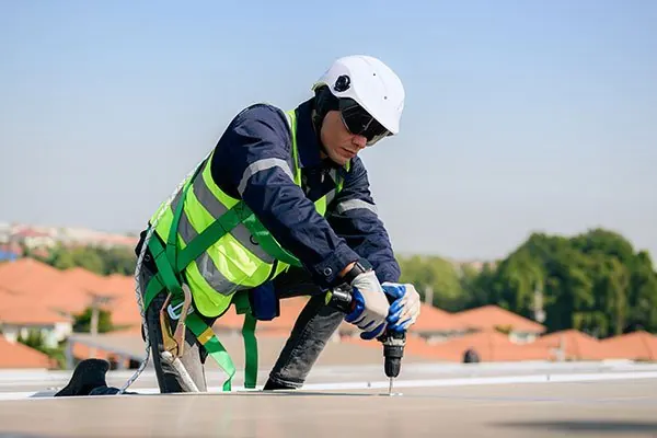 Roofing technician in a safety helmet on a roof