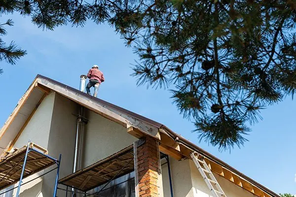 Tile and steel roofing work on a house roof